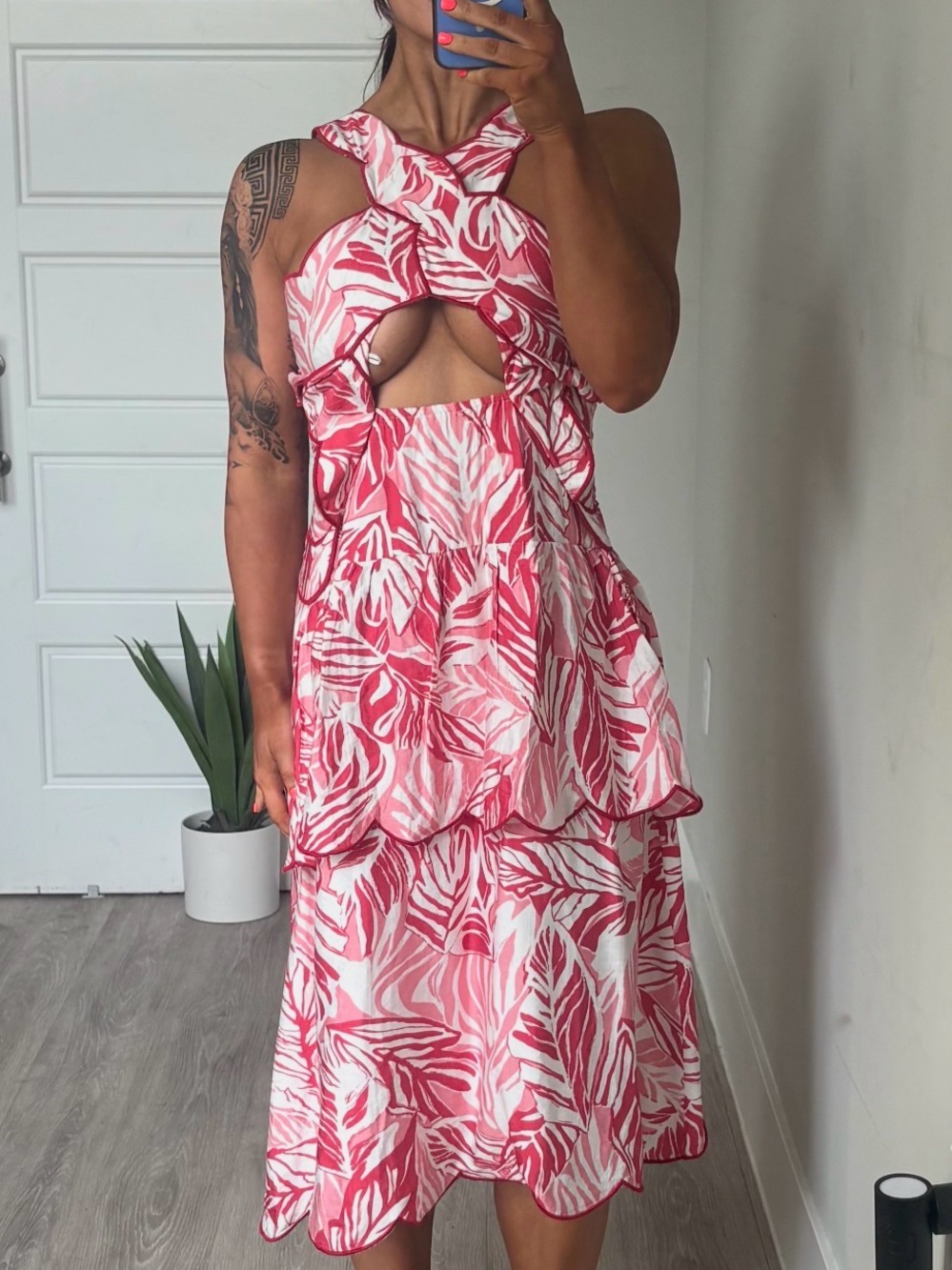 Fate: Pink Leaf-Print Cutout Halter Midi Dress